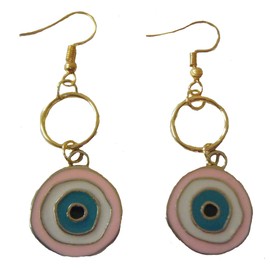 Earrings, Protective Pink Multicolored Enamel Evil Eye Gold Plated Dangle Earrings+ Gift Bag