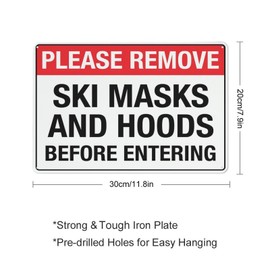 Aluminum Sign Warning - Ski Masks & Hoods Prohibited - Outdoor Security Sign - 12 x 8 Inches
