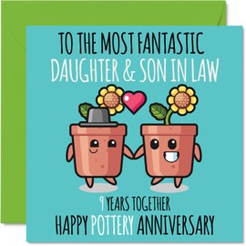 Cute Pottery Anniversary Card for Daughter & Son In Law - 9 Years Together - Happy 9th Wedding Anniversary Cards for Son In Law Daughter, 5.7 x 5.7 Inch Greeting Cards for Ninth Anniversaries