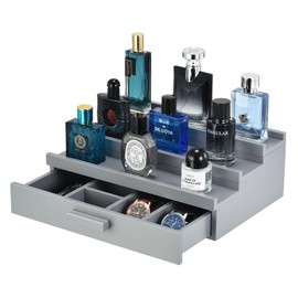 GLOKUUCA Perfume Organizer for Men, 3 Tier Wood Perfume Display Stand with Velvet Lining Drawer and Hidden Compartment for Watch,Jewelry,Perfume Display Risers,A Gift for Men (Gray)