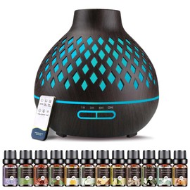 Essential Oil Diffuser for Home, 550ML Aromatherapy Diffuser with 12 Essential Oils, Cool Mist Humidifier, Remote Control, 4 Timer Settings, 7 LED Light Colors, Waterless Auto Shut Off, Dark