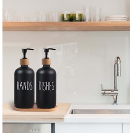 Peevel Kitchen Soap Dispenser Set,Contains Hand Soap Dispenser and Dish Soap Dispenser,with Bamboo Tray and Pump,Ideal for Kitchen and Bathroom (Black & Tray)