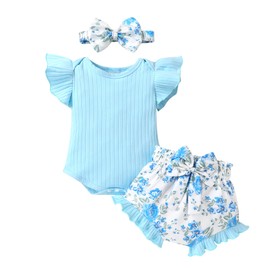 Tiny Cutey Newborn Infant Baby Girl Clothes Romper Floral Shorts Set Summer Outfits Baby Girls' Clothing(Blue Flowers,6-12 Months)