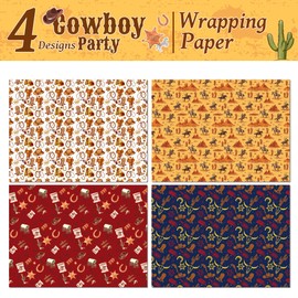 Western pattern Wrapping Paper Set - 12 Sheets West Cowboy Gift Wrapping Paper 4 Design West Cowboy Wrapping Paper for Western Themed Party Decorations, Kids Man Boy's Birthday Party 20'' x 27''