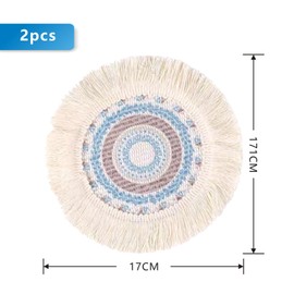 Pack of 2 Woven Place Mats, 17 cm Round Braided Placemats with Tassel, Heat Resistant Non-Slip Coasters, Washable Dining Table Place Mats for Dining Room, Kitchen, Wedding Table Decoration