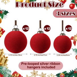 Foilswirl 36 Pcs Velvet Christmas Balls Bulk - Flocked Christmas Tree Ball Ornaments Hanging Decoration for Xmas Tree, Wreath, Home or Party Decorations, 2.36", 2.76", 3.15"(Wine Red)
