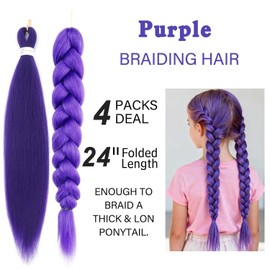 Long Purple Hair Extensions Pre Stretched Synthetic Braiding hair Extensions for Braids Braiding Hair for Stage Party Halloween Cosplay Costume Wigs (Purple, 24 Inch (Packs of 4))