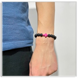 Xusamss Cross Bead Bracelet 8MM Lava Rock Turquoise Tiger Eye Onyx Stone Bracelet,7 1/2 Wrist(Rose)