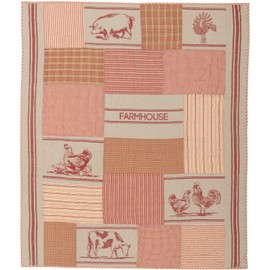 VHC Brands Farmhouse Decor Sawyer Mill Sheep, Chicken, Cow, Pig Rod Pocket Cotton Stenciled Chambray Nature Print Rectangle Bedding Accessory, Throw 60x50, Red