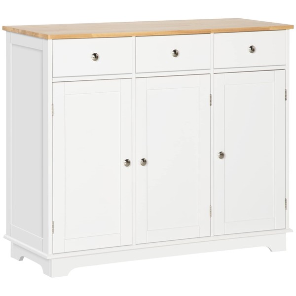HOMCOM Sideboard Buffet Cabinet, 3-Doors Kitchen Cabinet, Coffee Bar Storage with 3 Drawers, Adjustable Shelf for Living Room and Hallway, White