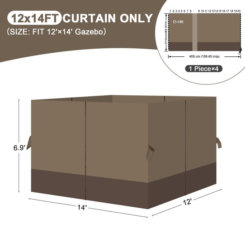 Aoodor 12x14 ft Outdoor Gazebo Curtains, 4 Panels Waterproof Privacy