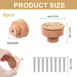 Vueinrg Pack of 8 Rattan Cabinet Handles Wood 40 x 30 mm Furniture Knobs Wood Boho Decorative Wooden Knob Furniture Handle Wood with Screws for Furniture Cupboards Drawers