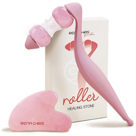 Rena Chris Face Roller and Gua Sha Set - Jade Gua Sha Facial Tools & Facial Roller with Enhanced Contour Fit for Puffiness Reducing, Skin Care Gift for Women(Rose Quartz)