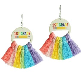 Colorful First Day of School Dangle Earring for Women Girls Teacher's Day Earrings Funny Back To School Tassel Earrings for Teacher Students Teacher's Appreciation Gifts, Wood, No Gemstone