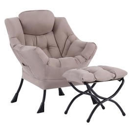 Welnow Lazy Chair with Ottoman, Modern Reading Lounge Accent Chair with Armrests and a Side Pocket, Leisure Upholstered Lazy Sofa Set with Footrest for Small Space, Khaki