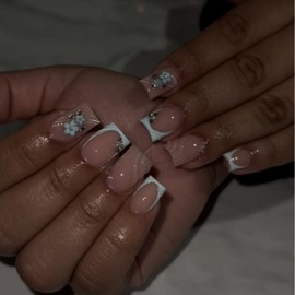 Flower Decor Fake Nail, 24pcs Short Square Press on Nails for Women & Girls DIY Nail Art, Elegant Stick on Nails Kit