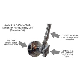 Complete Toilet Set Valve 1/2 in. NOM Inlet x 3/8 in. OD Compression Outlet Angle Shut Off + Escutcheon Plate + 12" Long Stainless Steel Braided Brass Nut Water Supply Line