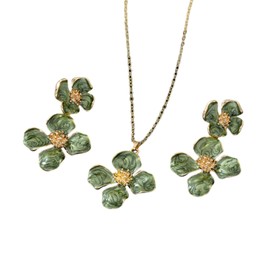 GYRMMUE Vintage Green Flower Necklace Earrings Set,Large Flower Necklace Statement Floral Earrings Chunky Oildripping Stud Earrings Necklace Jewelry for Women, Large, Alloy Steel, No Gemstone