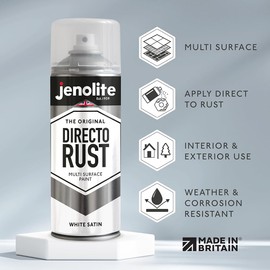 JENOLITE Directorust Satin Spray Paint | WHITE | 400ml (13.52fl oz) | Semi-Gloss Spray Paint | Wood, Metal, Plastic, Ceramic & Rusted Surfaces | Interior & Exterior Use | RAL9016