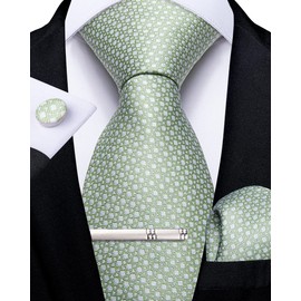 DiBanGu Men's Tie Set Silk Striped Checked Tie with Pocket Square Cufflinks Tie Clip Set for Wedding Formal, Sage Green