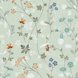 ANHUIB Light Green Flower Wallpaper Vintage Plants Flower Wallpaper for Living Room 44 x 300 cm Wild Flowers Flower Wallpaper for Cupboard Worktop Furniture Flowers Furniture Film Bathroom