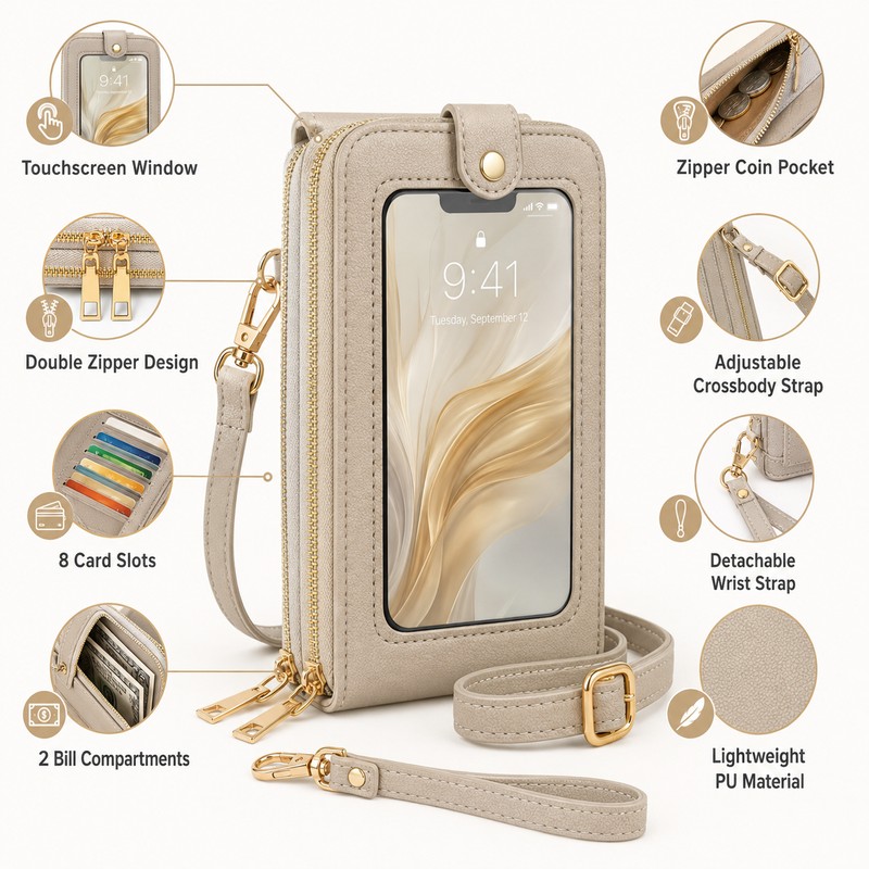 Touchscreen Phone Crossbody Bag for Women – Sequined PU Wallet