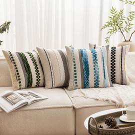 ANRODUO Pack of 2 Boho Decorative Throw Pillow Covers 18x18 Farmhouse Cushion Case Striped Chenille Pillow Cases Square Pillow Covers Accent Neutral Pillowcase for Sofa Couch Bed, Gray Stripe 2