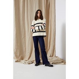 SELECTED FEMME Women's Slfbloomie LS Knit O-Neck B Noos Pullover, Snow white/stripes: black, M