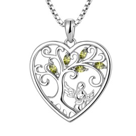 FJ Heart Guardian Angel Mother Daughter Necklace 925 Sterling Silver Tree of Life Pendant Necklace with August Birthstone Peridot Jewellery Gifts for Mother Daughter
