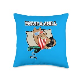 Fruity Cute Cats Cat Girl Gamer Eating Popcorn and Watching Movie Throw Pillow, 16x16, Multicolor