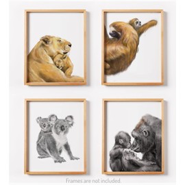 Triple Studio Safari Nursery Decor - Baby Animals with Moms, Gender Neutral Jungle Theme Bedroom, Noah's Ark, UNFRAMED, Signed by Artist (8x10", unframed)