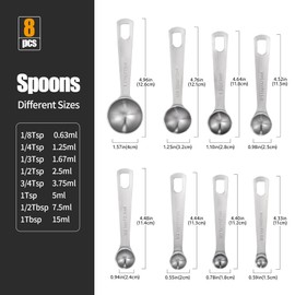8-Piece Measuring Spoon Set - Doosu Food Grade 18/8 Stainless Steel Measure Tablespoons Teaspoons, Heavy Duty Metal Spoons in Spice Jars, Kitchen Gadgets for Cooking Baking Dry and Liquid Ingredients