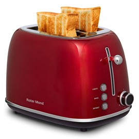 Roter Mond 2 Slice Toaster Retro Stainless Steel with Bagel, Cancel, and Defrost Functions, 6 Bread Shade Settings, Extra Wide Slots and Removable Crumb Tray, Red