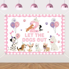 Two Let The Dogs Out Backdrop for Girl 2nd Birthday Party, Pink Brown Puppy Theme Dog Birthday Decoration Banner 4.92 * 3.28ft Background for Indoor Outdoor Decor
