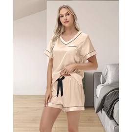 Atxnn Womens Pyjamas Silk Satin Pjs Set Summer V-Neck Loungewear Two Piece Soft Chic Nightwear Short Sleeve Top and Shorts Sleepwear Champagne