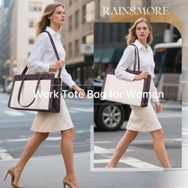 RAINSMORE Laptop Bag for Women 15.6 Inch PU Vegan Leather Work Tote Bag Waterproof Womens Briefcase Designer Computer Bags for Office Teacher College Travel Large Tote Purse Professional Green & Beige