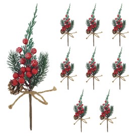 BANBERRY DESIGNS Christmas Craft Floral Picks Snowy Pinecone & Red Berry Pick with Pine Greenery Set of 9 Crafting Accessory Artificial Flower Tree Decoration Christmas Crafts Wreaths Garlands 11" H