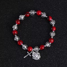Virgin Mary Red Stone Beads Stretch Rosary Bracelet Ave Maria Rose Charm Cross