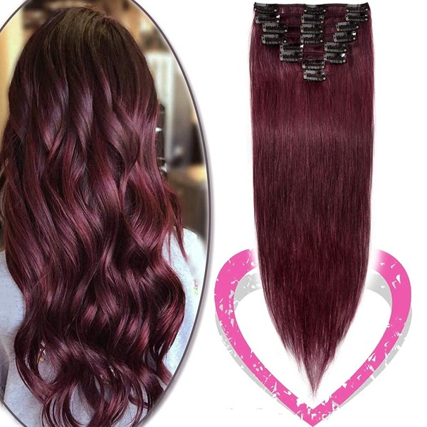 Hairro 100% Real Human Hair Clip in Hair Extensions 24 Inch Long #99J Wine Red 80 Thin 8 Pcs 18 Clips Straight Clip on Human Hairpieces for Women Beauty