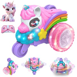 Nevzan Unicorn RC Stunt Tricycle for Girls, 3-Wheel Remote Control Motorcycle Toy with 360° Rotation & Double-Sided Driving, 2.4GHz Rechargeable LED RC Car Gift for Kids Girls Ages 3-9