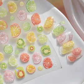 Colorful Fruit Nail Art Stickers Summer Nail Stickers 5D Embossed Lemon Nail Decals Fruit Nail Art Supplies DIY Acrylic Nails Design Decoration Accessories for Women and Girls