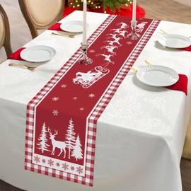 Bonhause Christmas Deer Pine Tree Table Runners for Kitchen Dinning Table Decoration, Red White Buffalo Plaid Winter Table Runner for Indoor Outdoor Home Holiday Party Decor(33 x 183 cm)