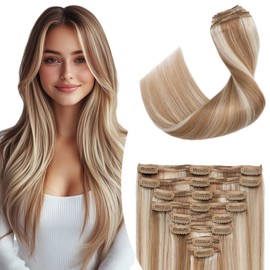 Clip-In Real Hair Extensions, 100% Remy Hair Extensions, 8 Double-Thick Wefts, 50 cm - 150 g, #6P613 Medium Brown / Cool Light Blonde