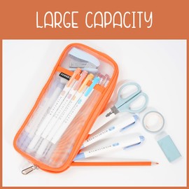 ECHSRT Mesh Pencil Case for Girls With Zipper, Grid Clear Pencil Pouch for Kids Students Teens Boys Adults, Small Transparent Pen Bag for School Office Travel, Orange