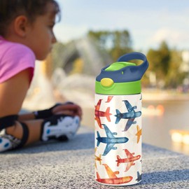Rainbow Airplane Childish Doodle Kids Water Bottle with Straw Lid Insulated Tumbler with Handle Stainless Steel Reusable Toddlers Cup for Kids Boys 12 oz