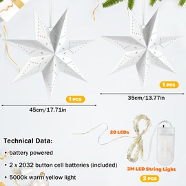 Paper Star for Hanging, 3D Christmas Star Illuminated LED Paper Star Illuminated, Paper Star with Lighting, Folding Star Christmas Paper Star Lampshade Paper Christmas Star Window Decoration