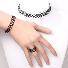 TNSOYCA Set of 9 Choker Necklace Sets, Elastic Tattoo Collar, Bracelet, Ring, Gothic Tattoo Chain, 90s Accessories for Girls (Black), Unit size, Resin, No gemstone.