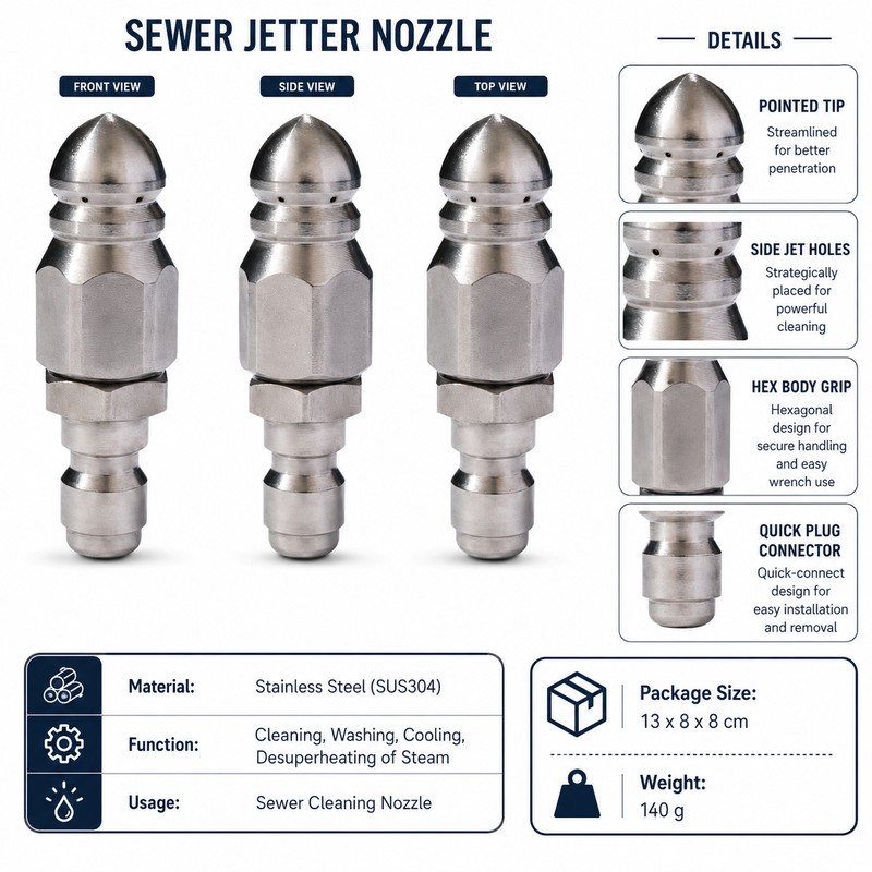 Sewer Jetter Nozzle for Pressure Washer Use – 1/4" Stainless