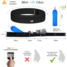 Cangurera para Correr con Botella de Agua 300ml - Tallas Ajustables Cangurera Deportiva, Impermeable Riñonera para Correr, Gimnasio, Senderismo (Cintura 80-110cm), Negro