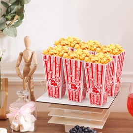 Plastic Popcorn Containers,36oz Reusable Classic Popcorn Buckets for Movie Night,Red and White Plastic Popcorn Bowl for Party (6)